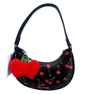 New Betsey Johnson XONorthy Cherry Crescent Shoulder Bag Black Heart Charm